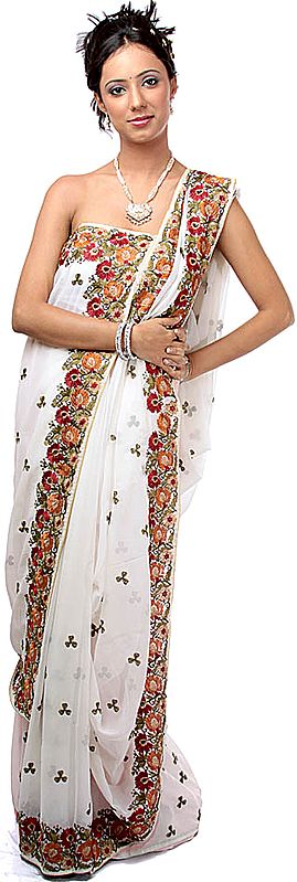 Ivory Wedding Sari with Parsi Embroidered Flowers