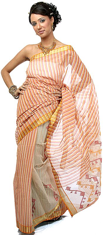 Beige and Orange Tengail Sari with Golden Thread Weave on Border