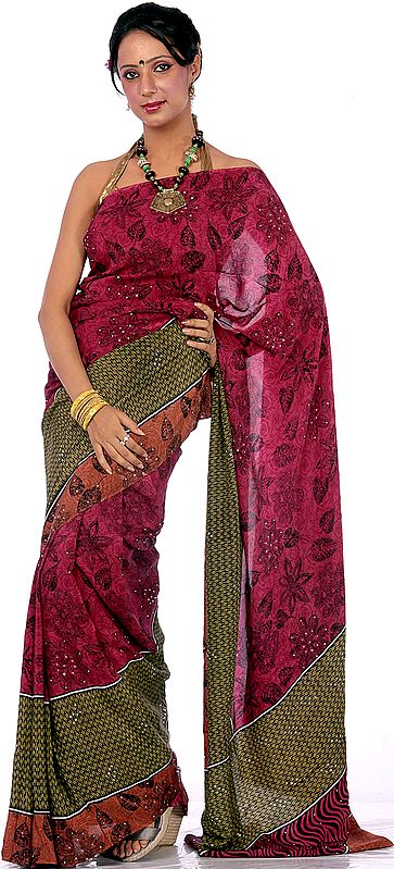 Purple Printed Sari from Mysore with Mokaish Work
