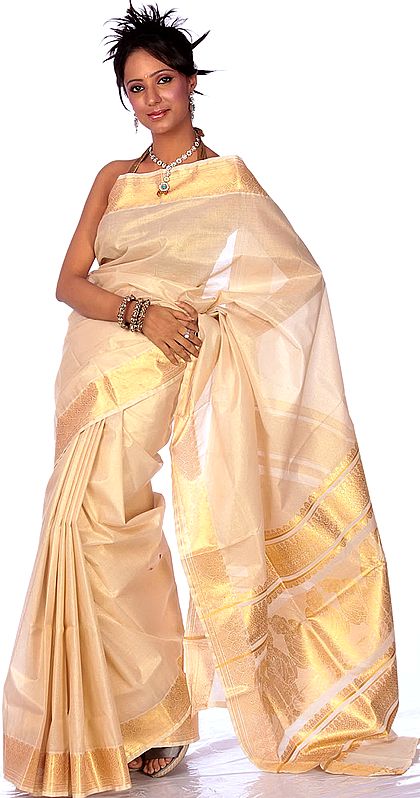 Ivory Tissue Sari from Kerala with Lord Krishna Woven on Anchal in Golden Thread