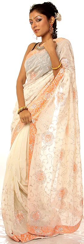 Ivory and Orange Sari with Embroidered Sequins