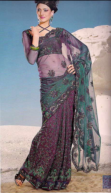Sea-Green and Purple Sari with Aari Embroidery All-Over