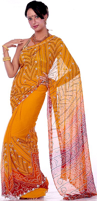 Mustard Bandhani Sari with Sequins and Embroidered Beads