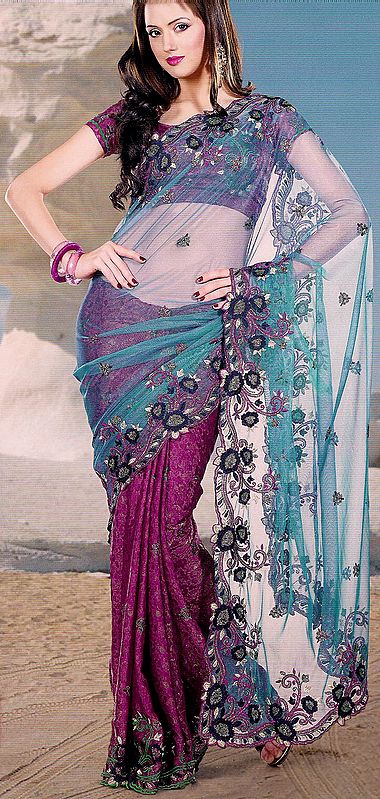 Purple and Green Sari with Crewel Embroidery All-Over