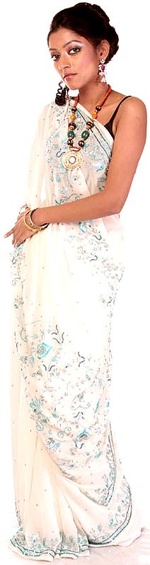 Ivory Sari from Lucknow with Embroidered Cyan Sequins