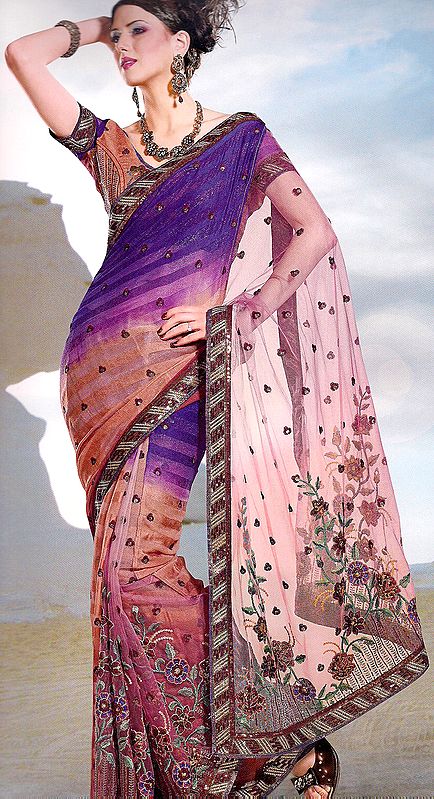 Rust and Violet Shaded Sari with Floral Embroidery and Bootis