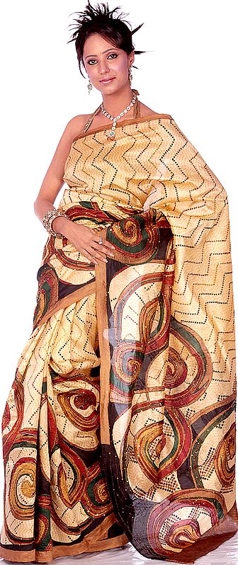 Beige Sari from Bangalore with Embroidered Sequins and Huge Printed Spirals