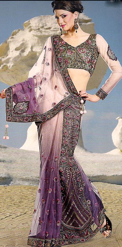Lavender Shaded Sari with Floral Embroidery