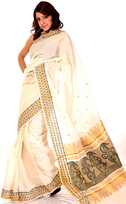 Ivory and Golden Kasavu Cotton Sari from Kerala with Little Krishna Woven on Anchal