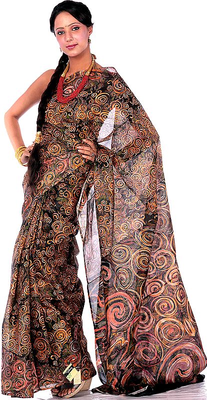 Black Suryani Sari from Mysore with Printed Spirals