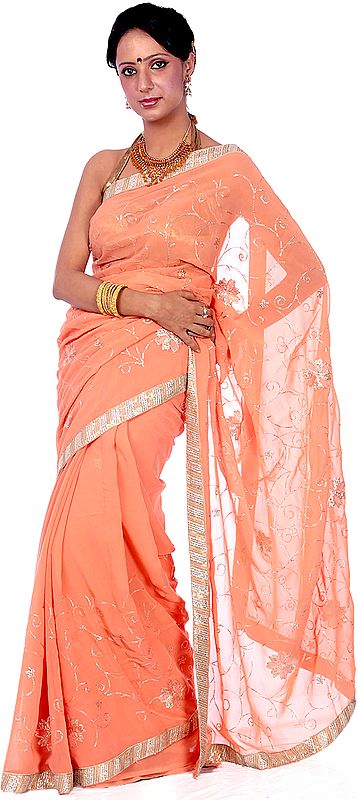 Melon-Orange Sari with Sequins Embroidered as Flowers and Gota Border
