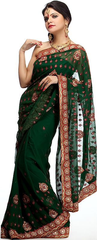 Green Wedding Sari with Parsi Embroidered Bootis All-Over
