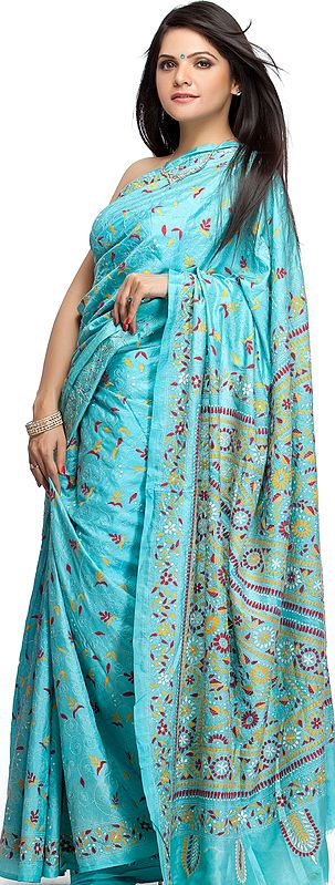 Sky-Blue Kantha Sari with Hand-Embroidery All-Over