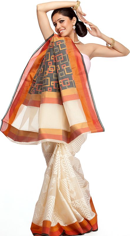 Ivory Handwoven Sari from Banaras with Modern Weave