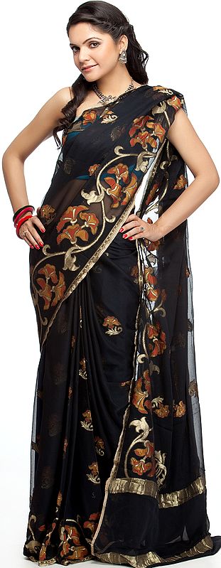 Black Banarasi Sari with All-Over Flowers Woven by Hand