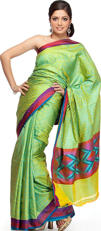 Lime-Green Handwoven Sari from Banaras with Modern Motifs