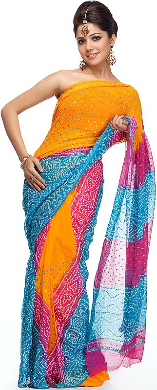 Tri-Color Bandhani Sari with Sequins and Mirrors