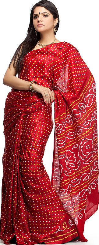 Burgundy Bandhani Tie-Dye Sari from Gujarat
