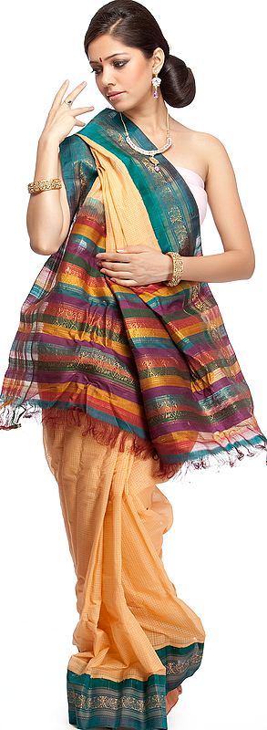 Peach Handwoven Gadwal Sari with Zari Weave and Fine Checks