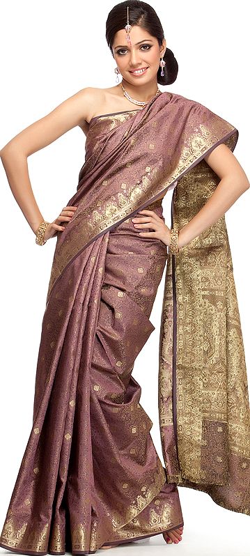 Mauve Tanchoi Sari from Banaras with All-Over Thread Weave and Golden Bootis