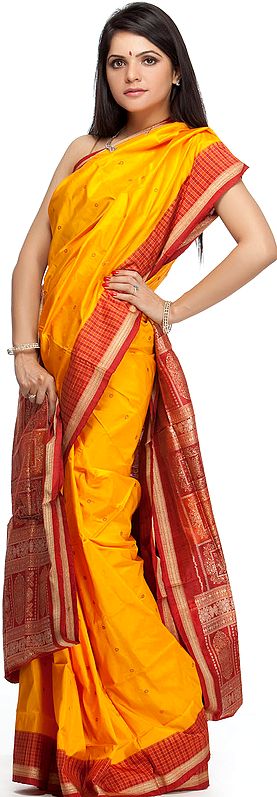 Radiant-Yellow Bomkai Sari with Box-Pallu and All-Over Bootis