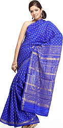 Hand-woven Dazzling-Blue Heritage Mysore Silk Sari with Golden Bootis All-Over