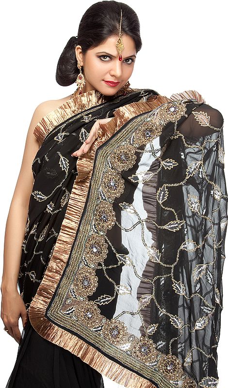 Black Designer Sari with Hand-Embroidered Beads and Frill Border