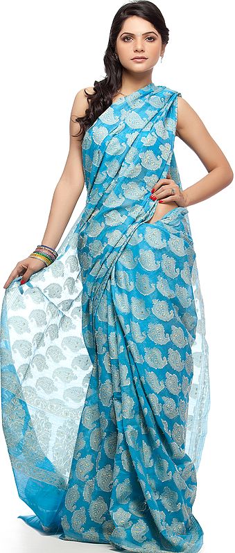 Sky-Blue Banarasi Sari with Paisleys Bootis by Hand