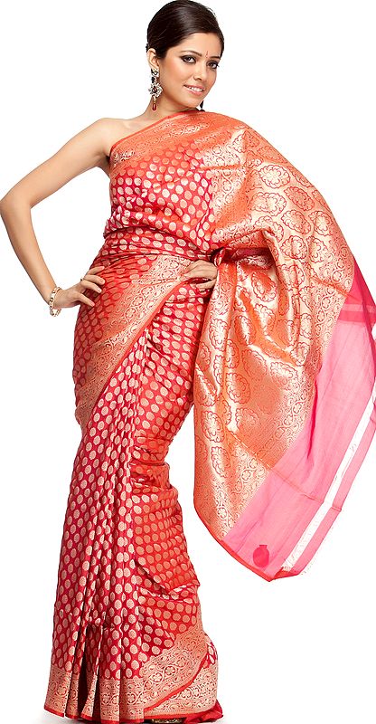 Magenta Bridal Sari from Banaras with Golden Bootis Woven All-Over