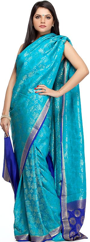 Turquoise Suryani Sari from Mysore with Self Weave and Golden Weave on Border