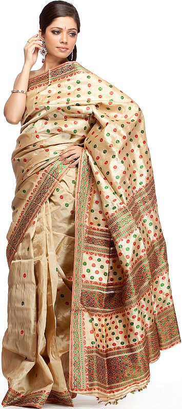 Hand-Woven Moonga Silk Sari from Assam with Red and Green Bootis