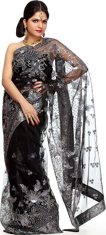 Black Shimmer Sari with Embroidered Flowers and Sequins