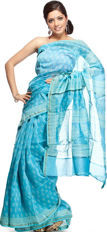 Sky-Blue Chanderi Sari with All-Over Block-Printed Bootis