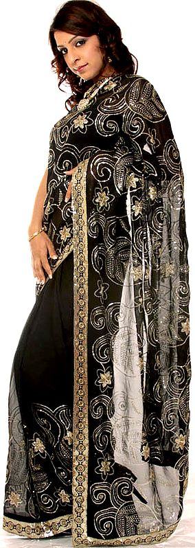 Black Sari with All-Over Threadwork and Sequins
