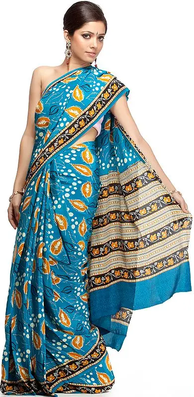 Blue Suryani Sari from Mysore with Printed Leaves
