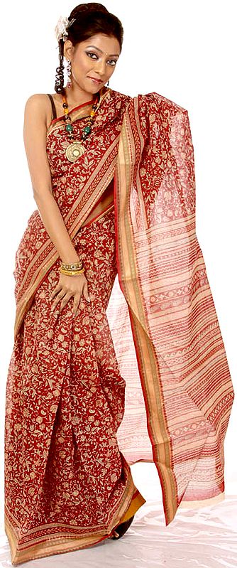 Maroon Sari from Bangalore with Printed Flowers