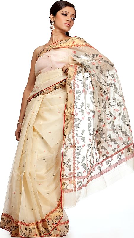 Ivory Chanderi Sari with Woven Flowers and Golden Border