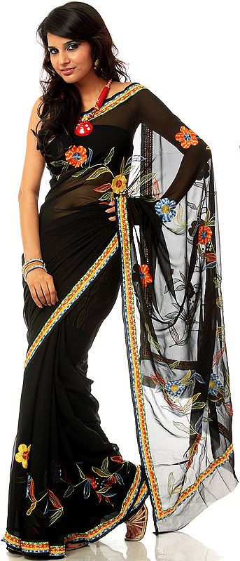 Black Aari Sari from Lucknow with Floral Embroidery