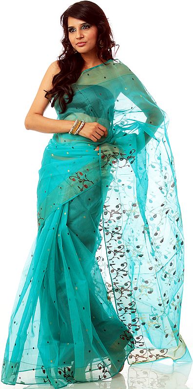 Sea-Green Chanderi Sari with Woven Flowers and Golden Border