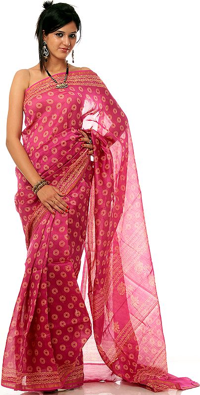 Magenta Chanderi Sari with All-Over Block-Printed Bootis