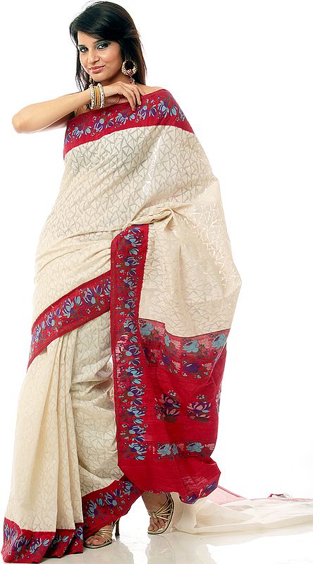 Ivory Handwoven Sari from Banaras with Multi-Color Floral Red Brocaded Border and Pallu