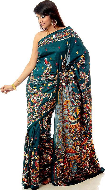 Teal Kantha Sari with Hand-Embroidered Vegetative Motifs All-Over