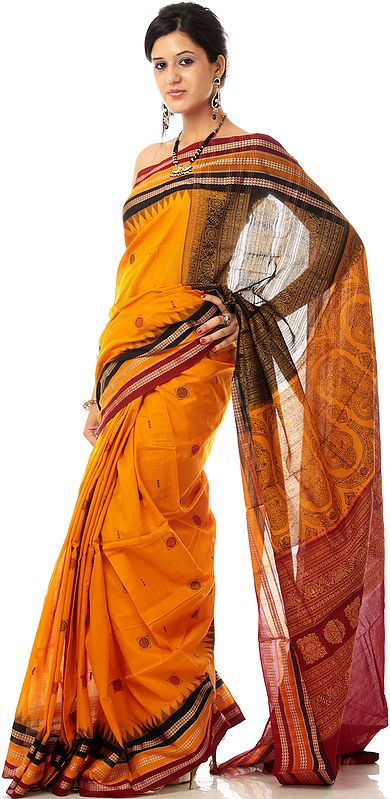 Handwoven Amber Bomkai Sari with Bootis and Rudraksha Border