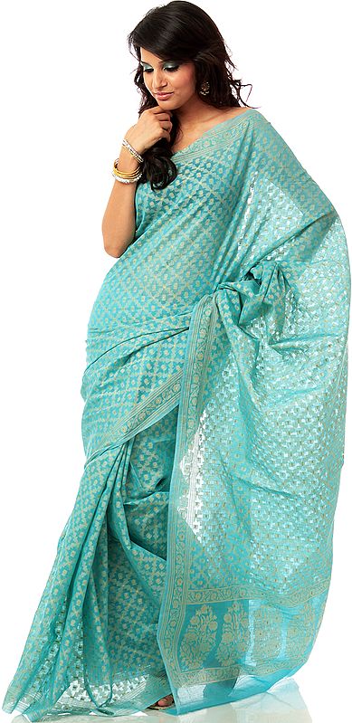 Sky-Blue Banarasi Sari with Hand-Woven Jaal in Golden Thread