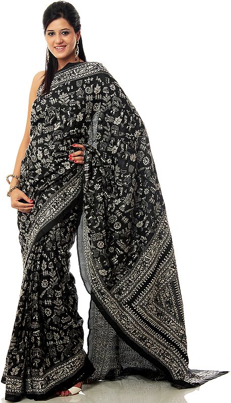 Black Kantha Sari with Hand-Embroidered Folk Warli Motifs