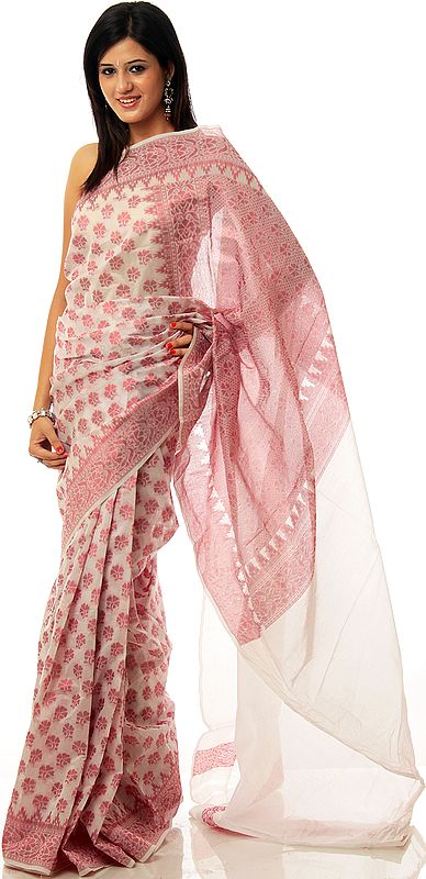 White and Pink Banarasi Sari with Hand-Woven Flowers and Temple Border