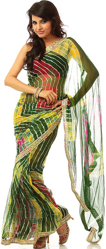 Leharia Tie-Dye Sari from Gujarat with Gota Border