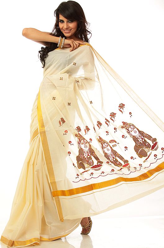 Ivory and Golden Kasavu Cotton Sari from Kerala with Little Krishna Embroidered on Anchal