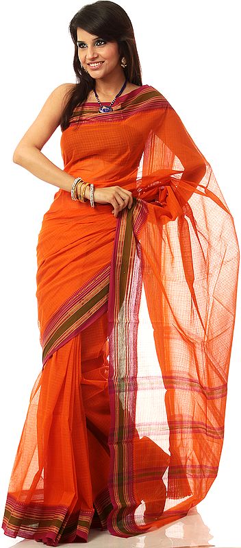 Orange Narayanpet Sari with Fine Checks