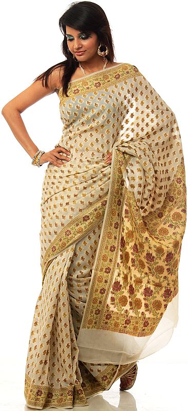 Ivory Floral Hand-woven Banarasi with Paisleys All-Over